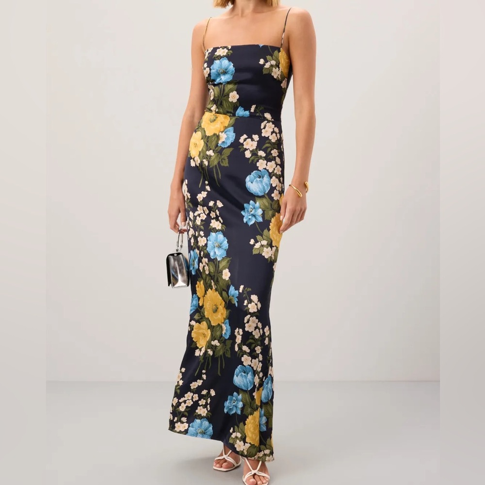 Reformation “Frankie” Silk Dress in Navy Blue Floral